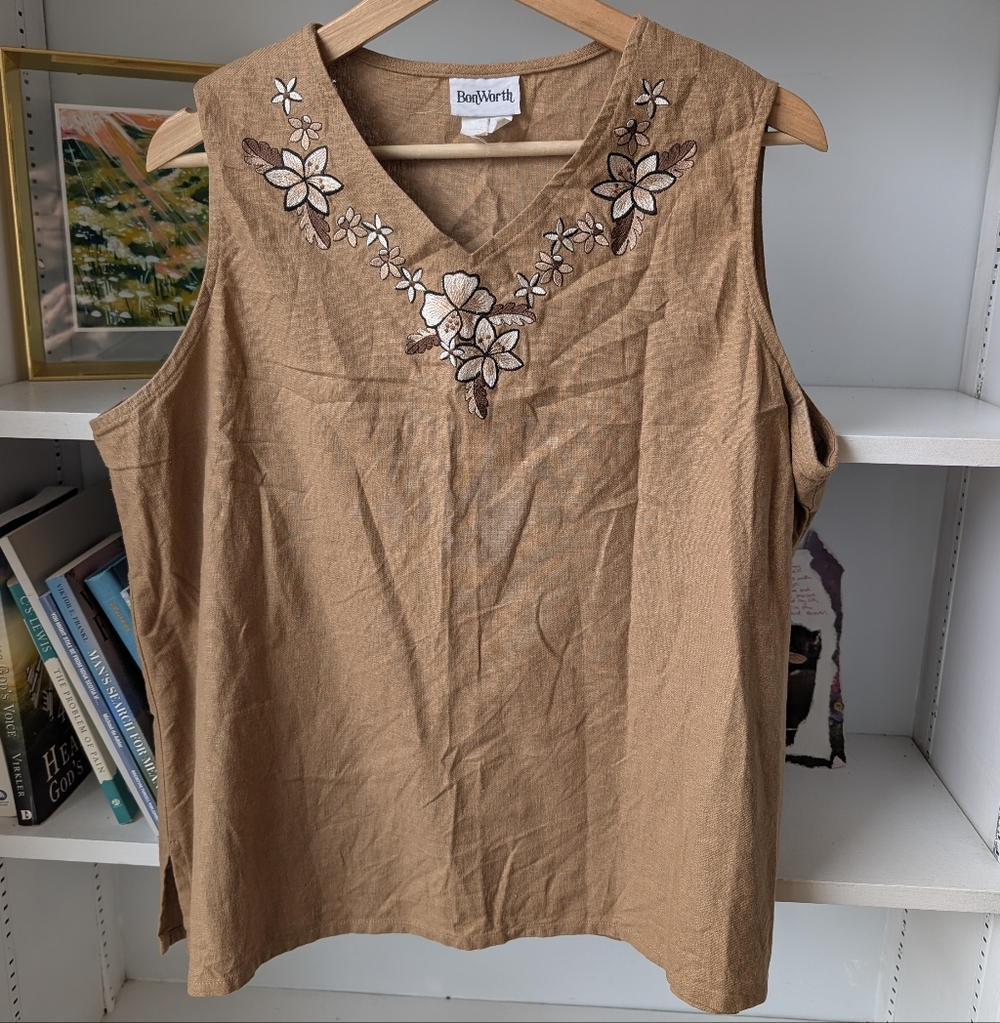Women's Sleeveless Top Linen Blend Brown Embroidered Large Lagenlook Granola